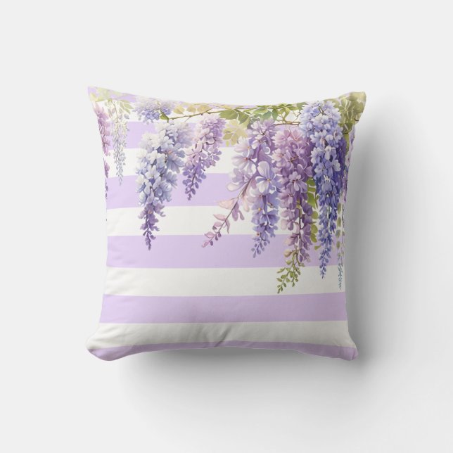 Elegante lila Blütenwisteria lila weiße Streifen Kissen (Vorderseite)