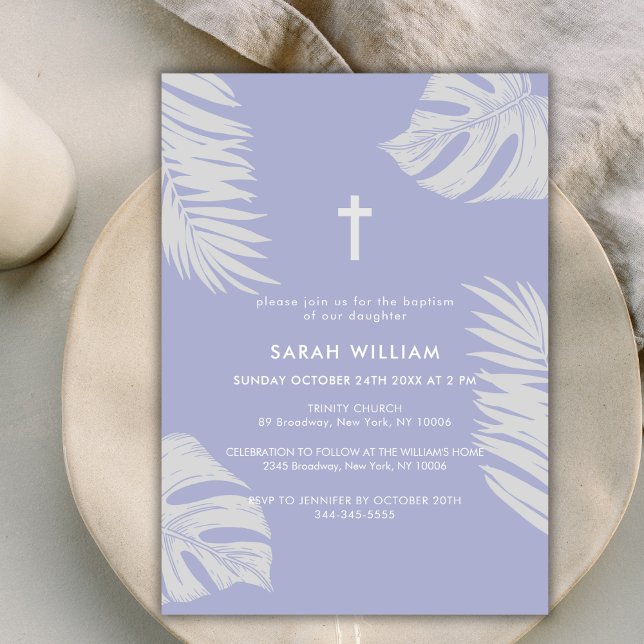 Elegante Lila Boho-Blätter kreuzen Taufe Einladung (Elegant Purple Boho Leave Gold Cross Baptism Invitation)