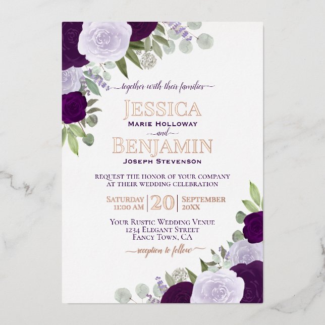 Elegante Lila Boho Floral mit Rose Gold Wedding Folieneinladung (Vorderseite)