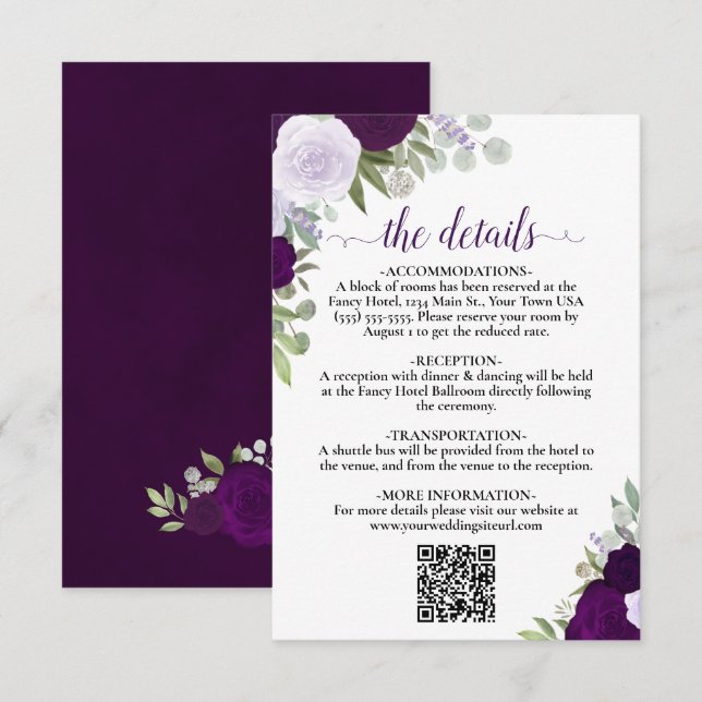Elegante Lila Boho-Rose Hochzeitdetails QR-Code Begleitkarte (Vorne/Hinten)