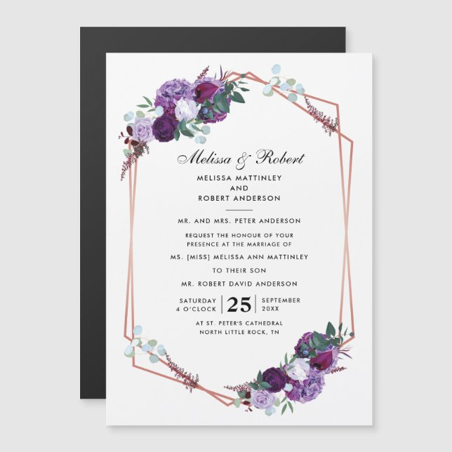 Elegante Lila botanische Hochzeit Magneteinladung (Vorne/Hinten)