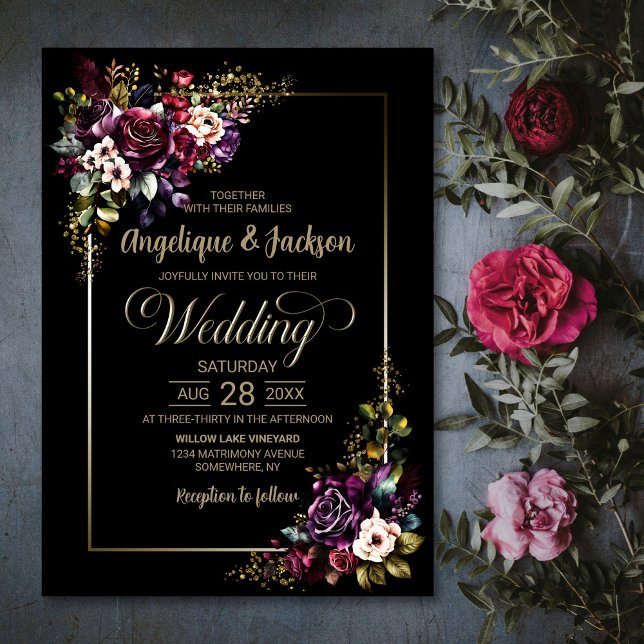 Elegante Lila Burgundy Black Floral Wedding Einladung (Von Creator hochgeladen)