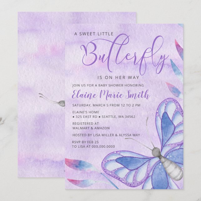 Elegante Lila Butterfly Babydusche Einladung (Vorne/Hinten)