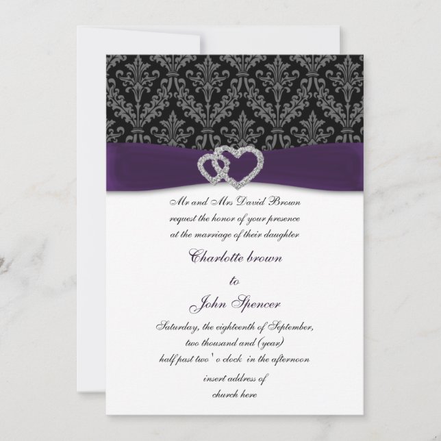 Elegante Lila Damask Diamante Hochzeit Einladung (Vorderseite)