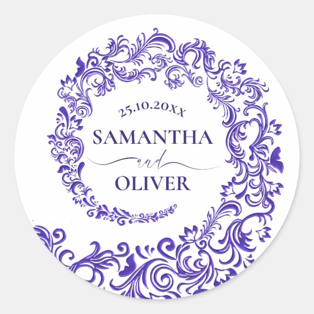 Elegante Lila Damask Hochzeit Runder Aufkleber (Vorderseite)