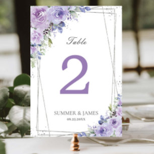 Elegante lila Flieder Blumen Silber Hochzeit Braut Tischnummer