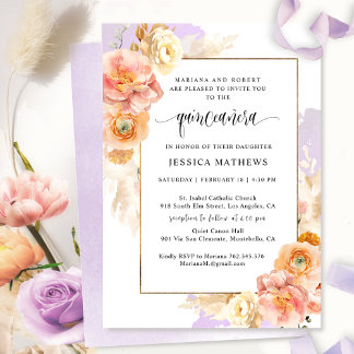 Elegante, Lila Flora und Aquarellfarben Quinceñera Einladung