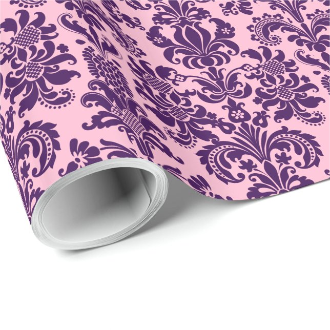 Elegante Lila Floral Damaskus rosa Zurück Geschenkpapier (Rolleneckpunkt)