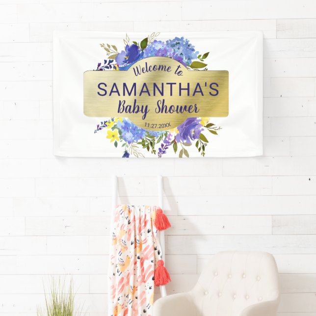 Elegante Lila Floral Gold Baby Dusche Willkommen Banner (Insitu)