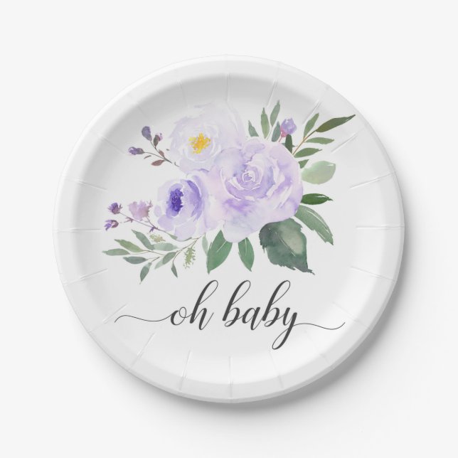 Elegante Lila Floral Oh Babyduschplatte Pappteller (Vorderseite)