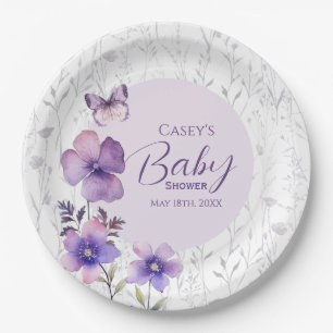Elegante lila Floral-Schmetterling Mädchen Baby Sh Pappteller