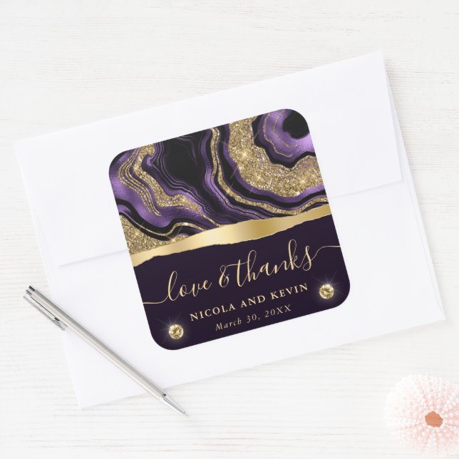 Elegante Lila Foil and Gold Glitzer Agate Wedding Quadratischer Aufkleber (Umschlag)