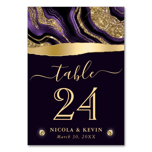 Elegante Lila Foil and Gold Glitzer Agate Wedding Tischnummer (Vorderseite)