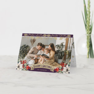 Elegante lila Foto Stechpalme rote Beeren Weihnach Karte