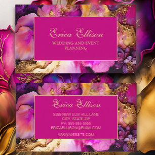 Elegante lila-fuchsien-goldene florale Hochzeitspl Visitenkarte