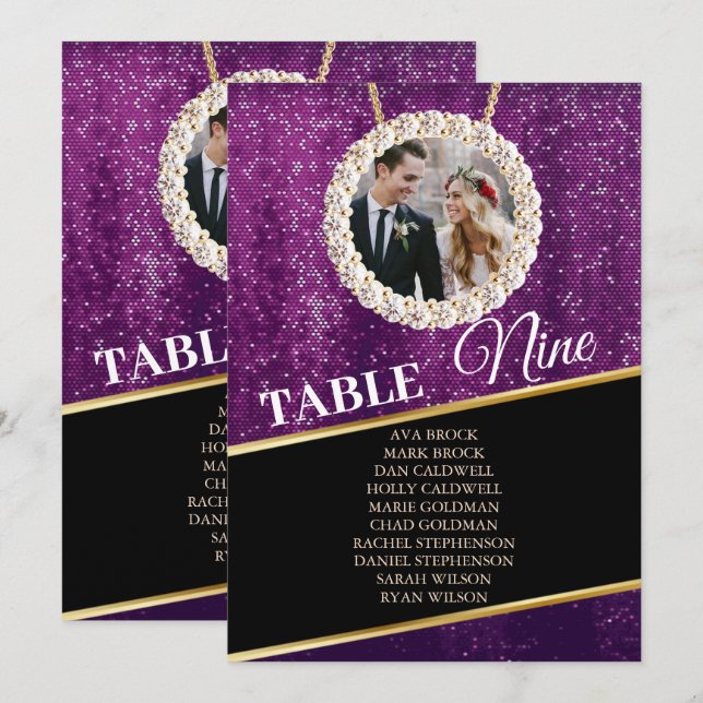 Elegante Lila Funkelnd Foto Seating Chart Card Kar Einladung (Vorne/Hinten)