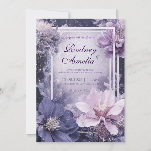 Elegante Lila Galaxy Floral Wedding Einladung (Vorderseite)