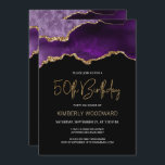 Elegante Lila Gold Agate 50. Geburtstagsparty Einladung<br><div class="desc">Diese trendige 50. Geburtstagseinladung zeigt ein Aquarellbild eines agaten Geodes in lila Farbtönen mit goldenen Imitaten. Die Worte "50. Geburtstag" erscheinen in Imitaten goldener Glitzer in dekorativen modernen Handschrift Schriftart. Passen Sie den Namen der Ehre in goldfarbenem Text an und die Details in Weiß. Auf der Rückseite wird das selbe...</div>
