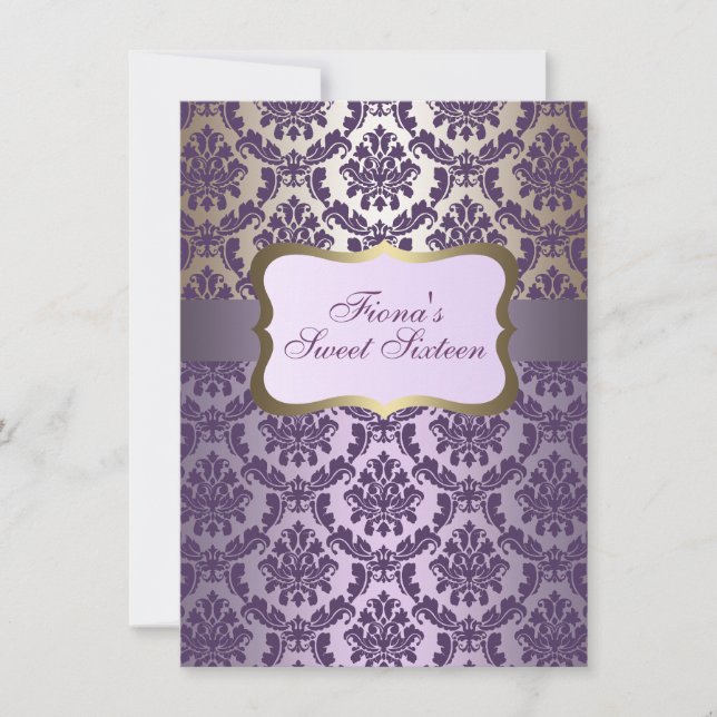 Elegante Lila & Gold Damask Geburtstag Einladung (Vorderseite)