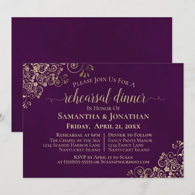 Elegante Lila & Gold Hochzeit Probe & Dinner Einladung (Vorne/Hinten)