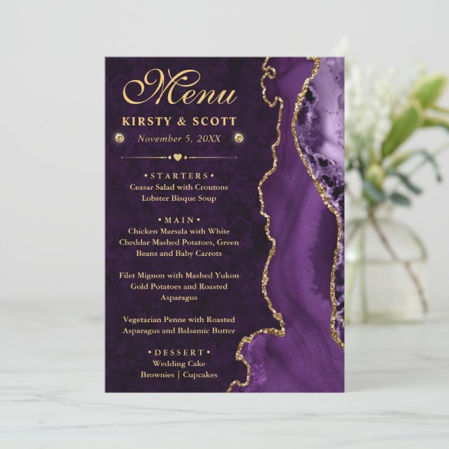 Elegante Lila & Gold Imitate Glitzer Agate Wedding Menükarte (Stehend Vorderseite)