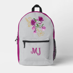 Elegante Lila & Gold Magnolia Personalisiert Bedruckter Rucksack