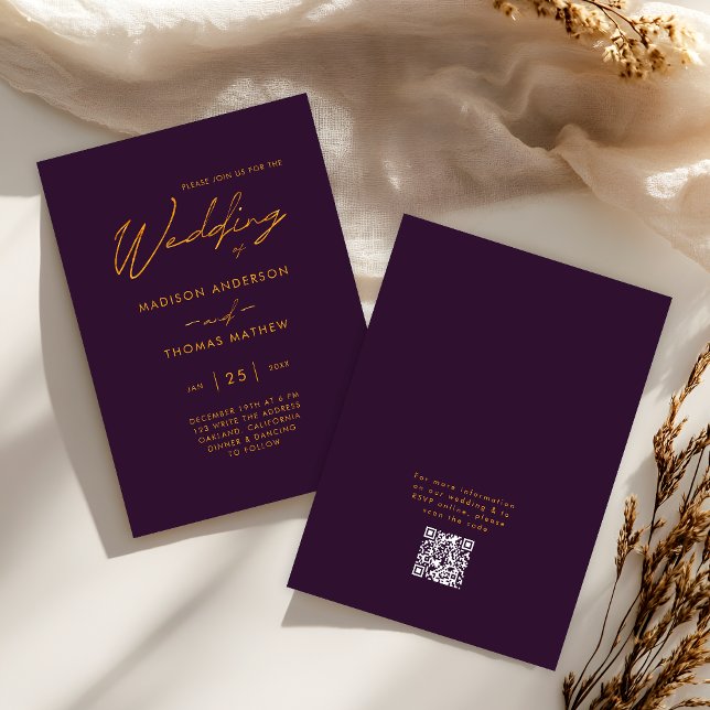Elegante Lila Gold Moderne Typografie UAWG Wedding Einladung (Front / Back)