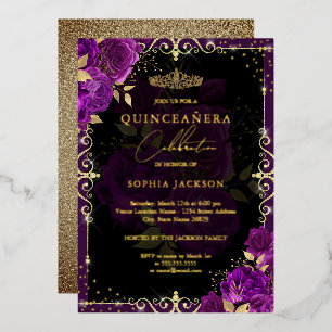 Elegante Lila Gold Rose Quinceanera Folieneinladung