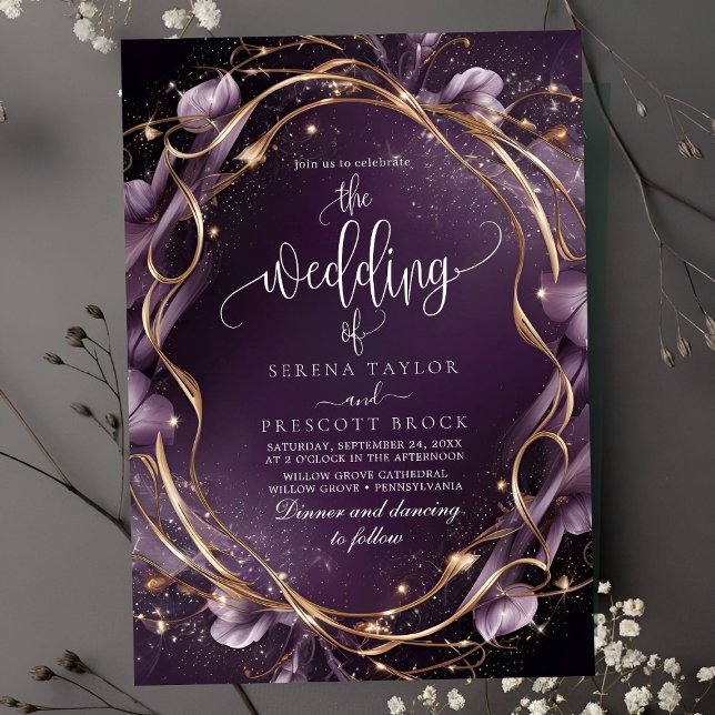 Elegante Lila Golden Floral Frame Wedding Einladung (Von Creator hochgeladen)