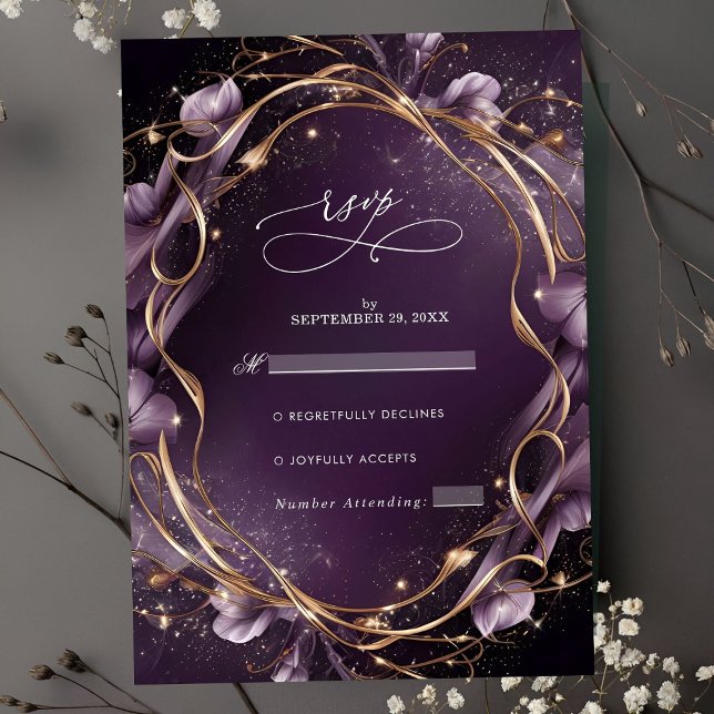 Elegante Lila Golden Floral Frame Wedding RSVP Karte (Von Creator hochgeladen)
