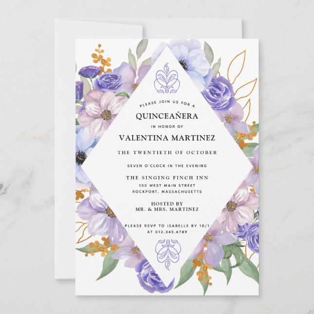 Elegante Lila Goldene Flora Quinceanera Einladung (Vorderseite)