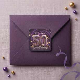 Elegante lila-goldene Glam-Party zum 50. Geburtsta Quadratischer Aufkleber
