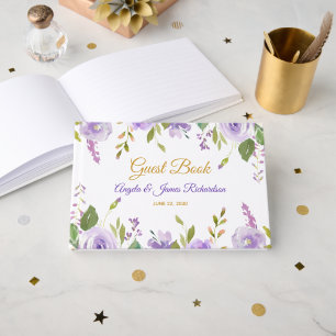 Elegante lila-goldene Wasserfarben-Hochzeit mit fl Gästebuch