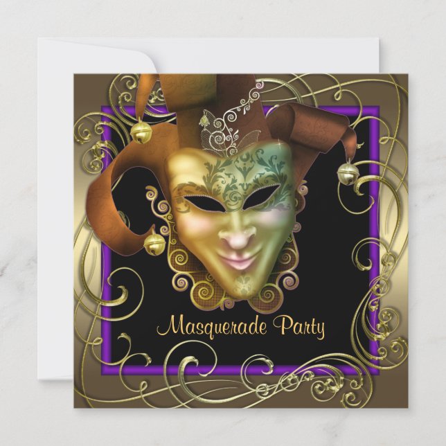 Elegante Lila Goldmasquerade-Party Einladungen (Vorderseite)