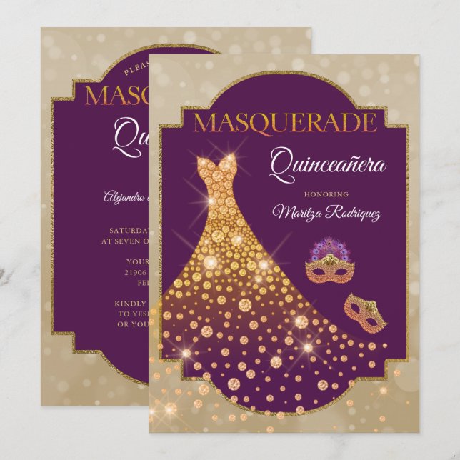 Elegante Lila Goldmedaille Diamond Quinceñera Masq Einladung (Vorne/Hinten)