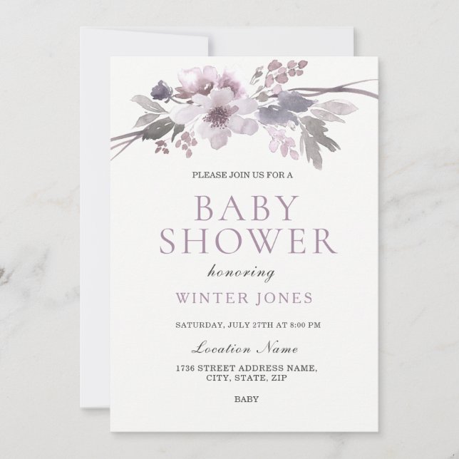 Elegante Lila Gray Winter Blume Kinderdusche Einladung (Vorderseite)