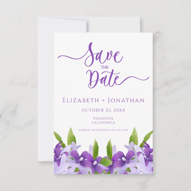 Elegante Lila Grün-Blumen-Blätter Hochzeit Save The Date (Vorderseite)