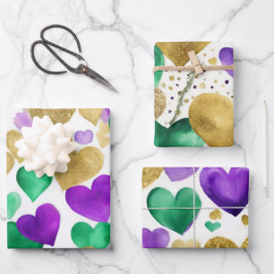 Elegante lila, grüne und goldene Herzen Mardi Gras Geschenkpapier Set