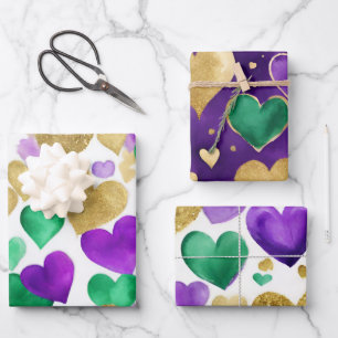 Elegante lila, grüne und goldene Herzen Mardi Gras Geschenkpapier Set