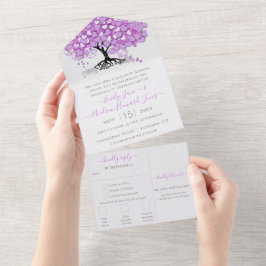 Elegante Lila Heart Leaf Tree Wedding All In One Einladung