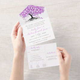 Elegante Lila Heart Leaf Tree Wedding All In One Einladung