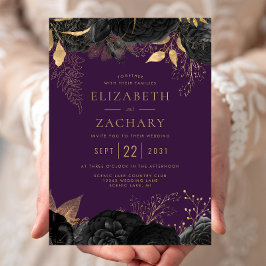 Elegante Lila Hochzeit der Black Gold Floral Einladung