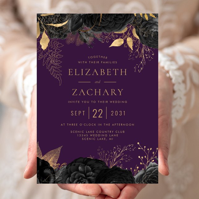 Elegante Lila Hochzeit der Black Gold Floral Einladung (Von Creator hochgeladen)