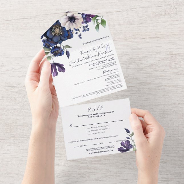 Elegante Lila Hochzeit der blauen Seenplatte All In One Einladung (Abreißen)