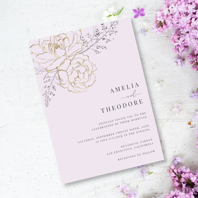 Elegante Lila Hochzeit der Goldenen Flora Einladung (Von Creator hochgeladen)