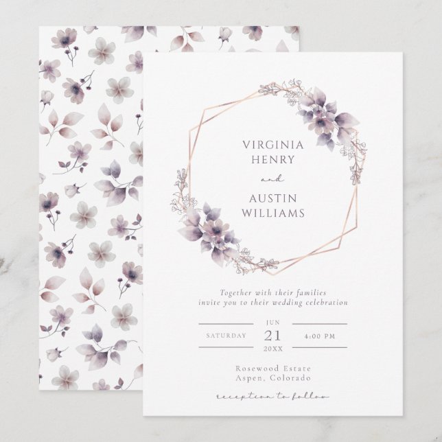 Elegante Lila Hochzeit Einladung (Vorne/Hinten)