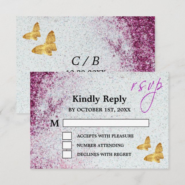 Elegante Lila Hochzeit mit Glitzer & Gold Butterfl RSVP Karte (Vorne/Hinten)