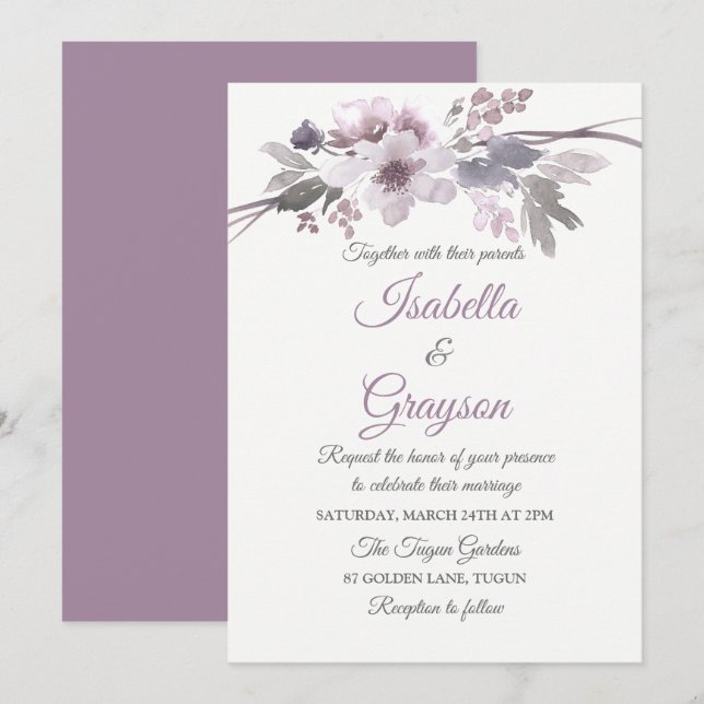 Elegante Lila Hochzeit mit grauer Flora Einladung (Vorne/Hinten)