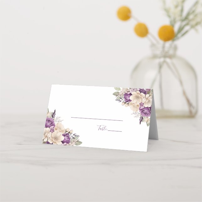 Elegante Lila Hochzeit und Hochzeit der Elfenbeink Platzkarte (Rückseite)