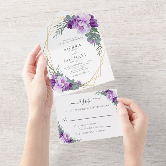 Elegante Lila Hochzeit und Hochzeit der Goldenen B All In One Einladung (Abreißen)